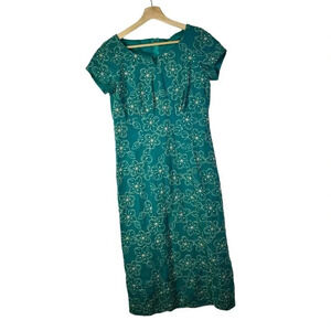 Vintage Teal Blue Cream Floral Embroidered Short Sleeve Midi Sheath Dress 8